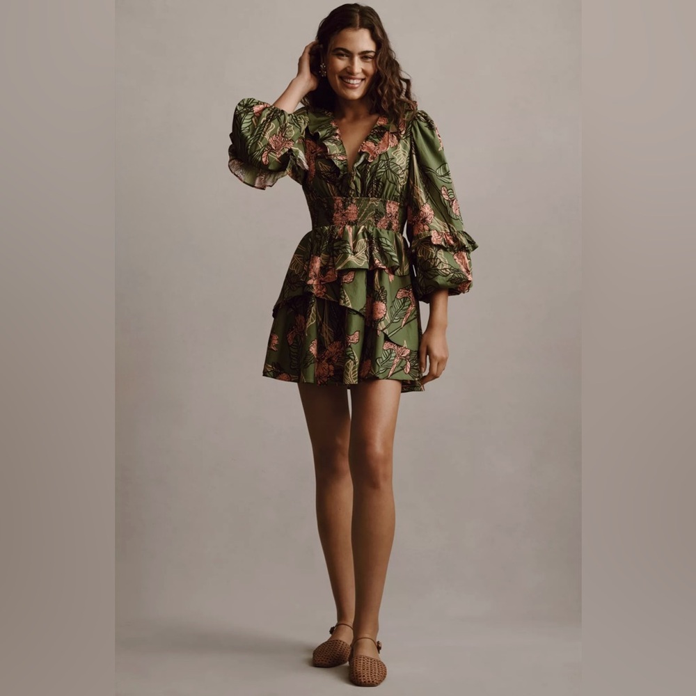 HUTCH Long-Sleeve V-Neck Ruffle Mini Dress Sz XS Petite Bohemian Cottagecore